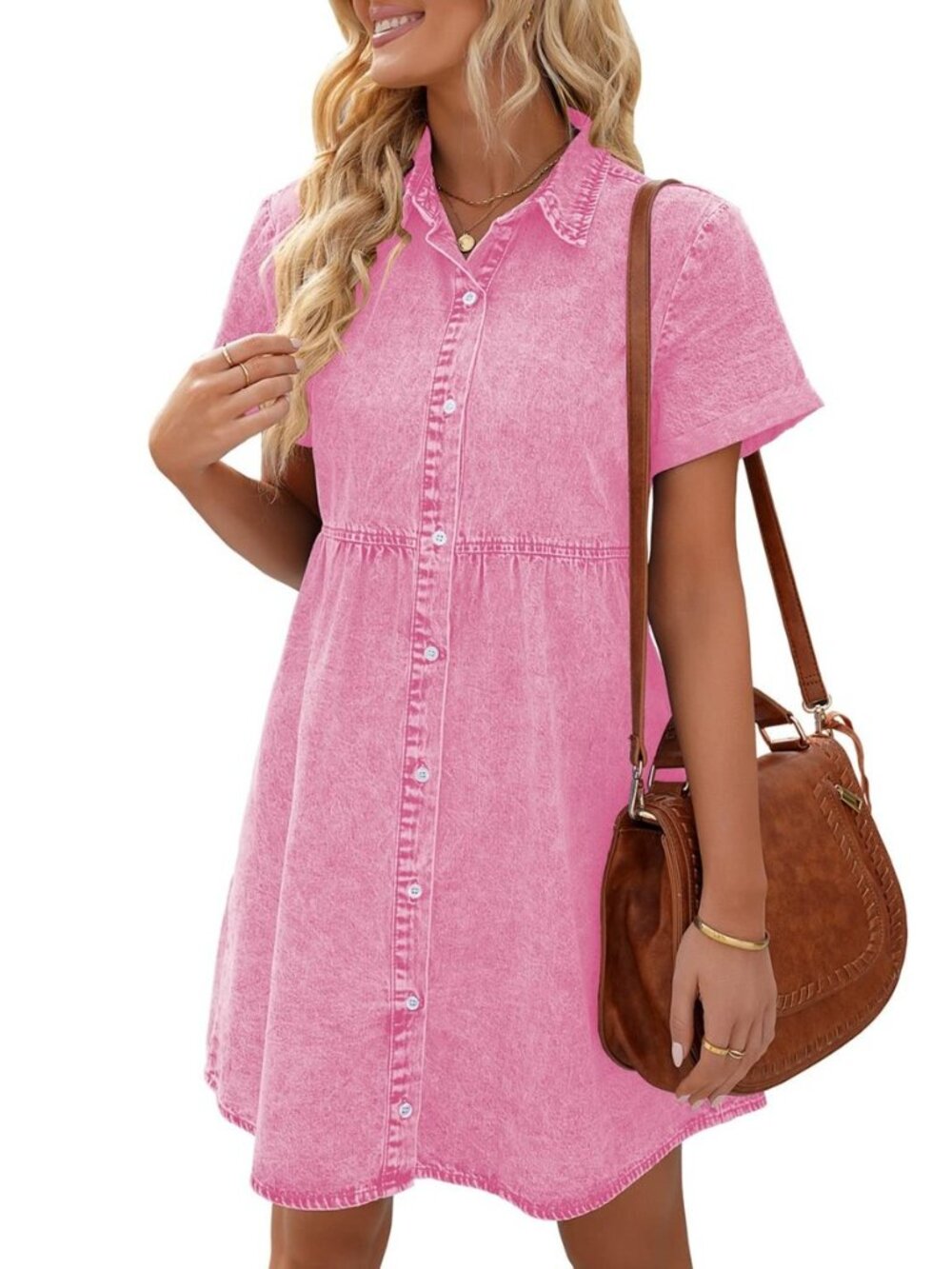 Denim Dress for Women Short Sleeve Flowy Babydoll Jean Dress